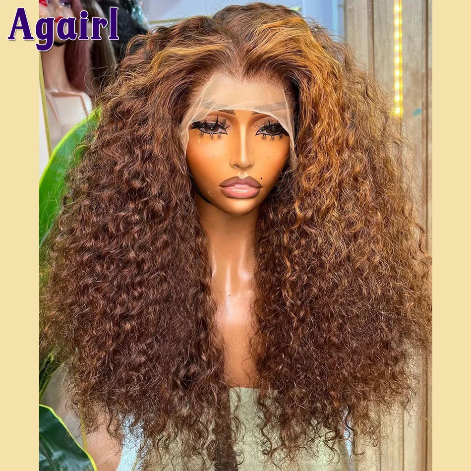 Perruque de vague d'eau bouclée brune chocolat, perruques de cheveux humains, dentelle transparente, 13x6, 13 age, reflets blonds, densité 250%