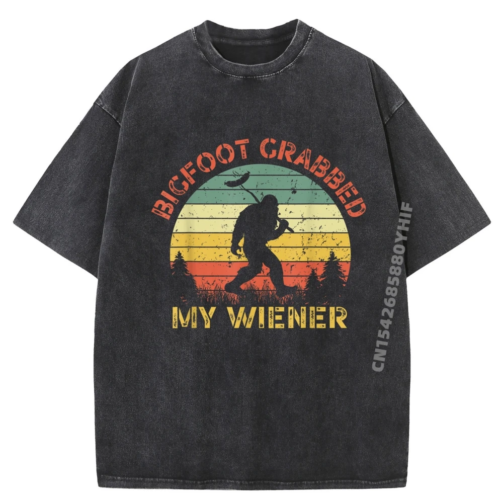 

Забавный ретро Bigfoot Bigfoot Grabbed My Wiener Design, роскошная дизайнерская мужская стираная одежда, мужские топы и футболки с рисунком