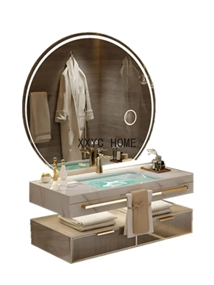 

Light Luxury Solid Wood Stone Plate Seamless Basin Bathroom Cabinet Combination Smart Washbasin Wash Basin Double Basin Bathroom