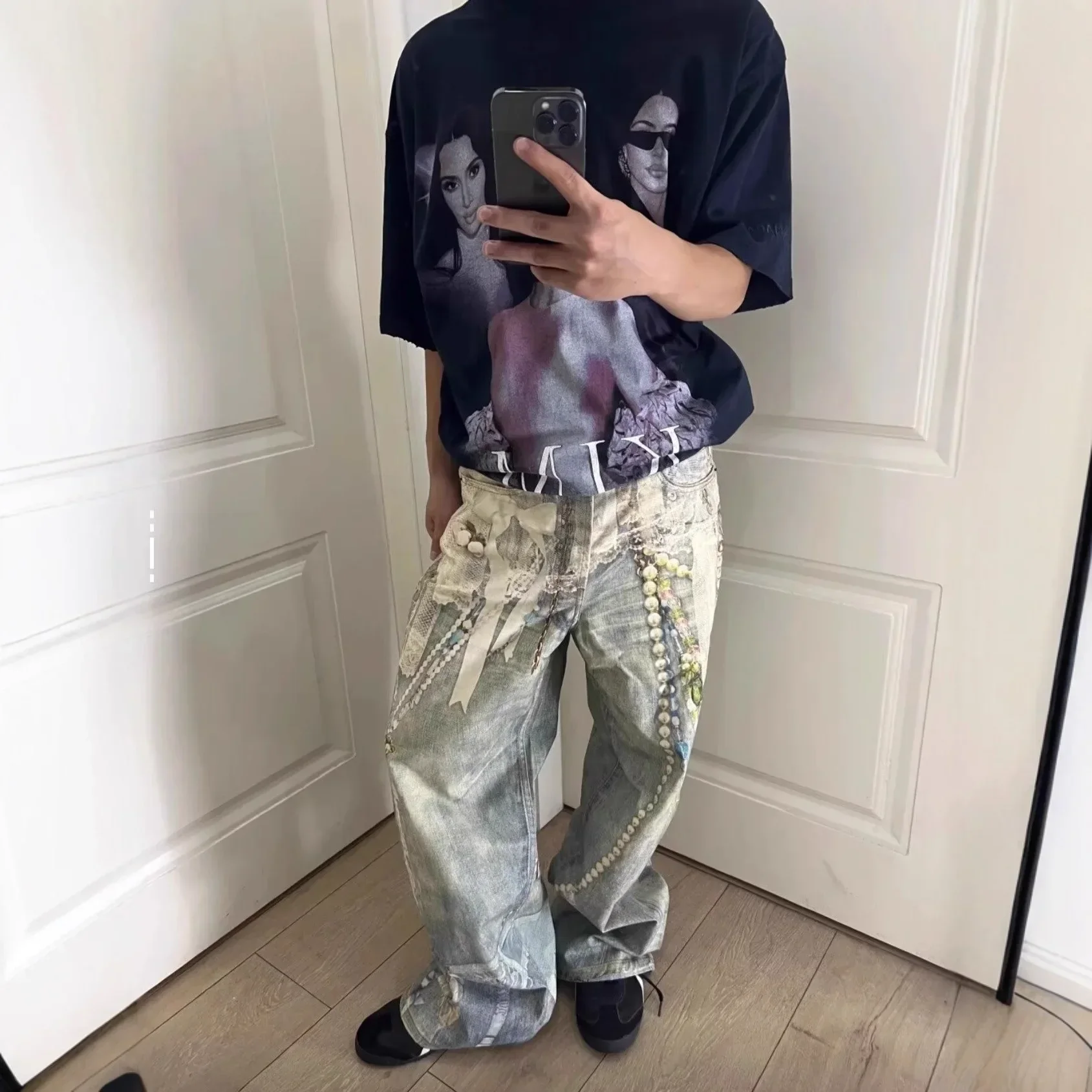 2025 New 3D Printed Lace Pearl Chain Printed Vintage Denim Jeans High Waist Straight Leg for Men And Women Trendy High Street St