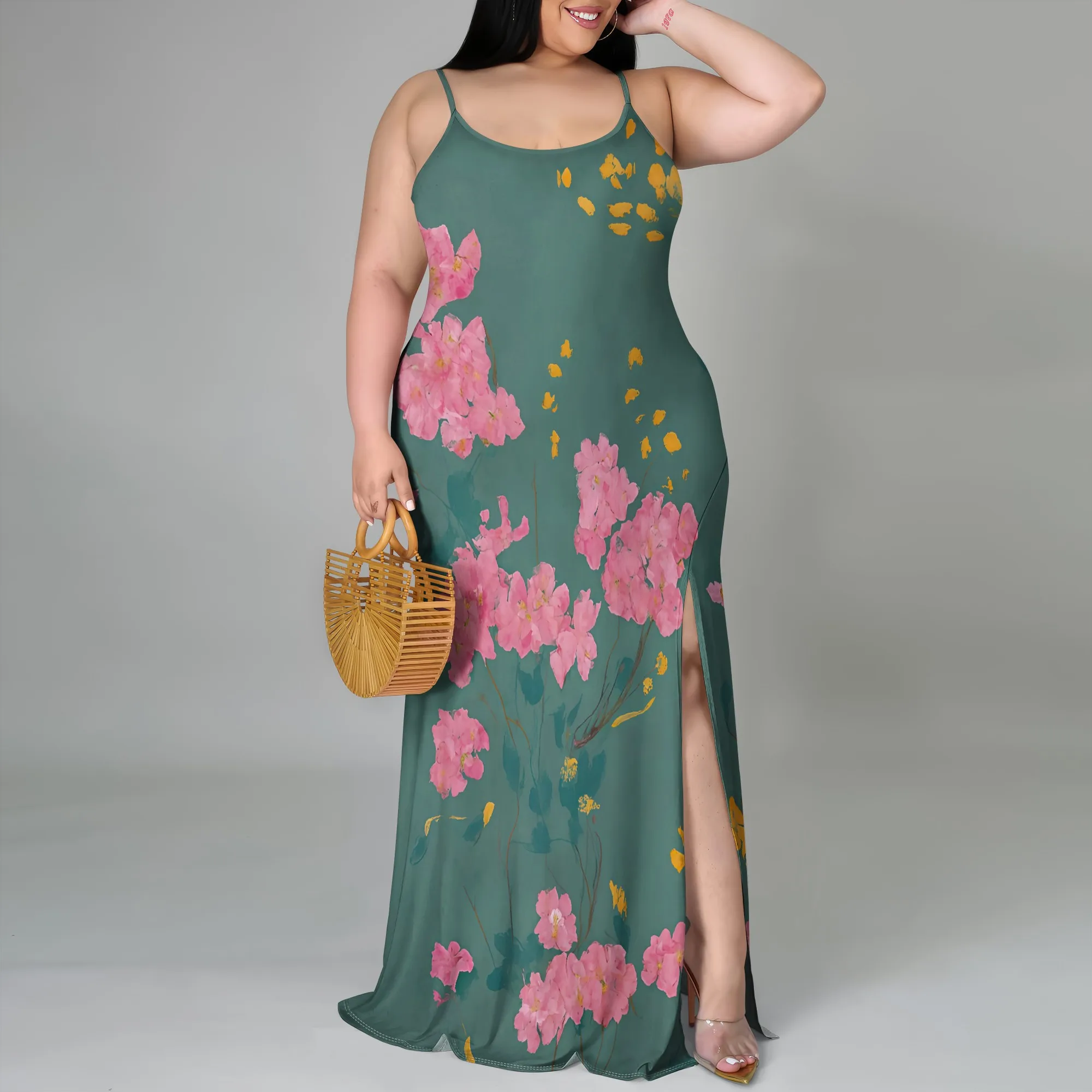 

Plus Size Women Summer Maxi Dress Side Slit Floral Print Bodycon Dress Spaghetti Strap Long Party Dress XL-6XL