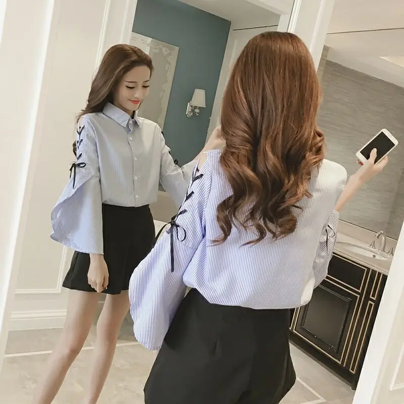 Lace-Up Flare Sleeve Shirt 2022 Fashion Spring Autumn Long Sleeve Shirt Female Elegant Korean Blouses Girls Sweet Casual Tops