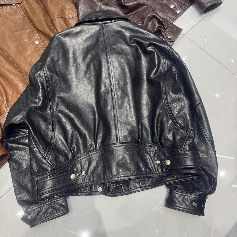 Casual Motorcycle Leather Jacket for Women 2026 New Retro Oil Waxes Leather Female Lapel Loose A-level Sheepskin Jacket Coat