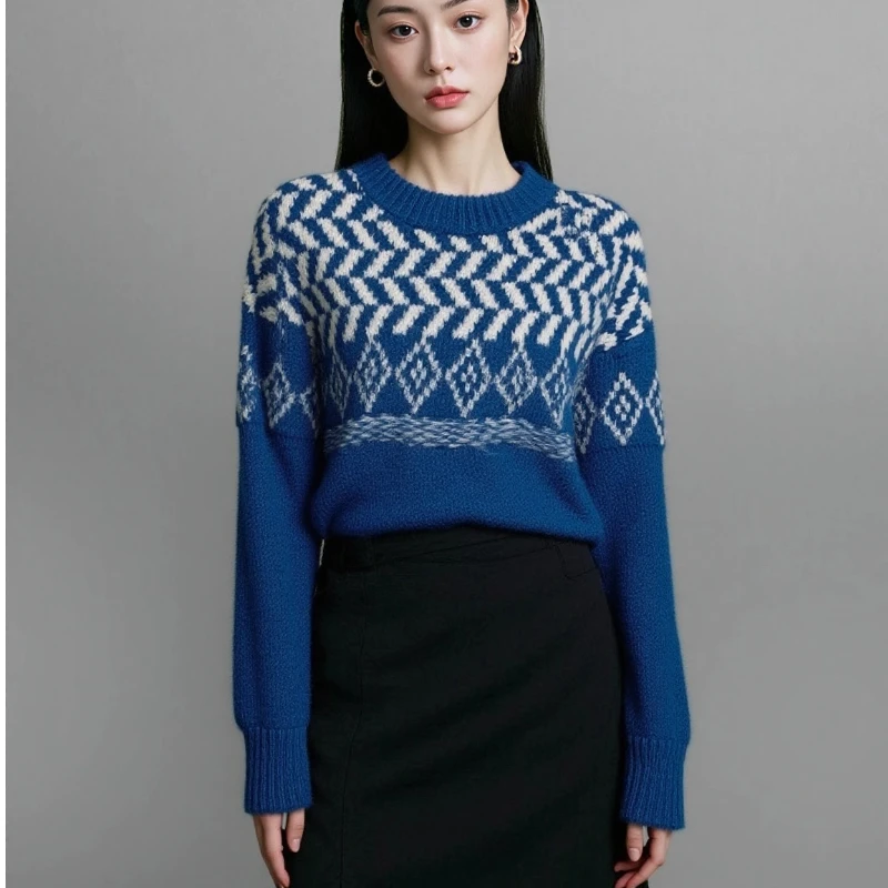 

Autumn and Winter Fashion Women's Clothing Blue Pattern Knitted Long Sleeve Sweater Crew Neck Casual Office Top Knitwear