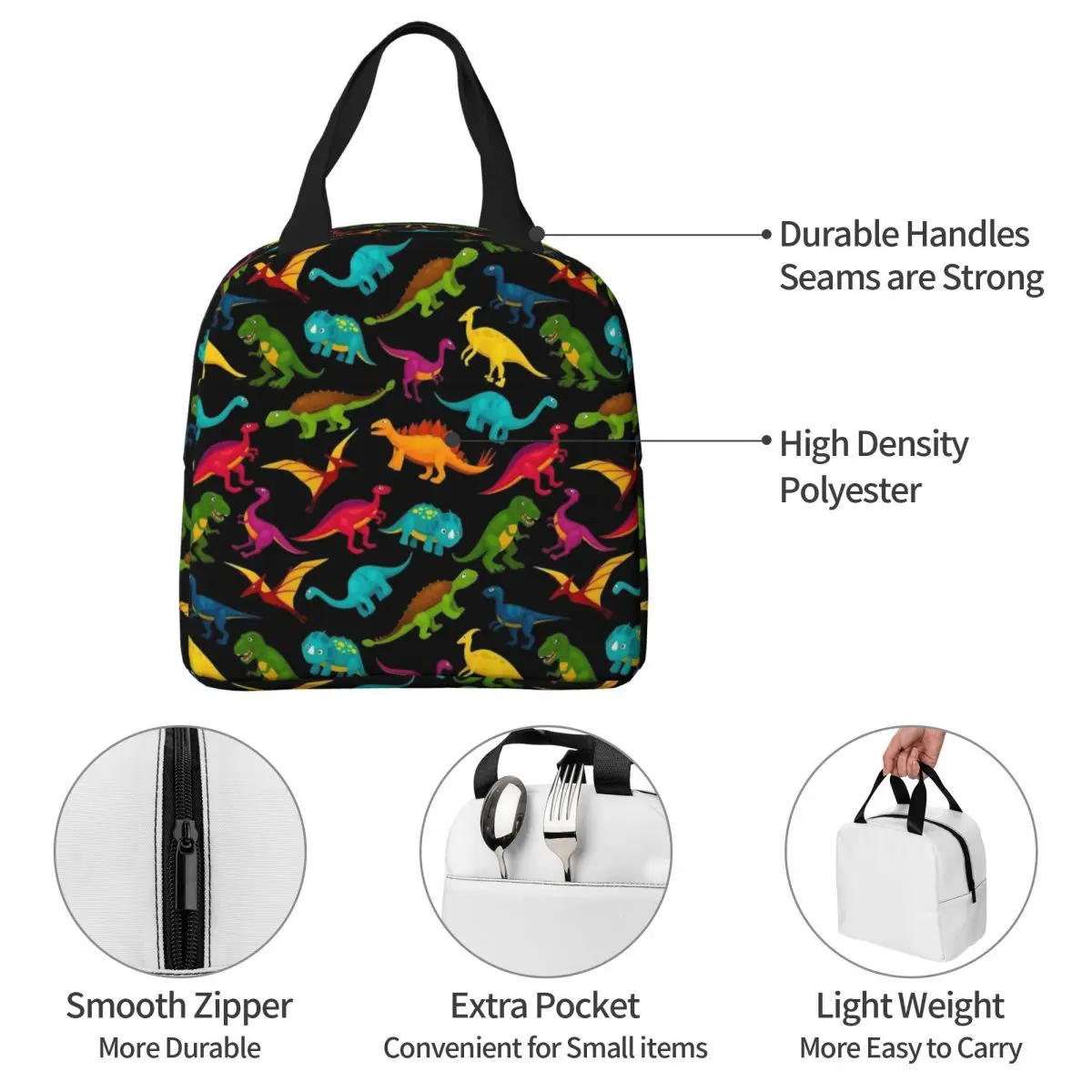 Fun Pattern Rex Dinosaur Insulated Lunch Bag Large Reusable Thermal Bag Tote Lunch Box Beach Picnic Food Handbags