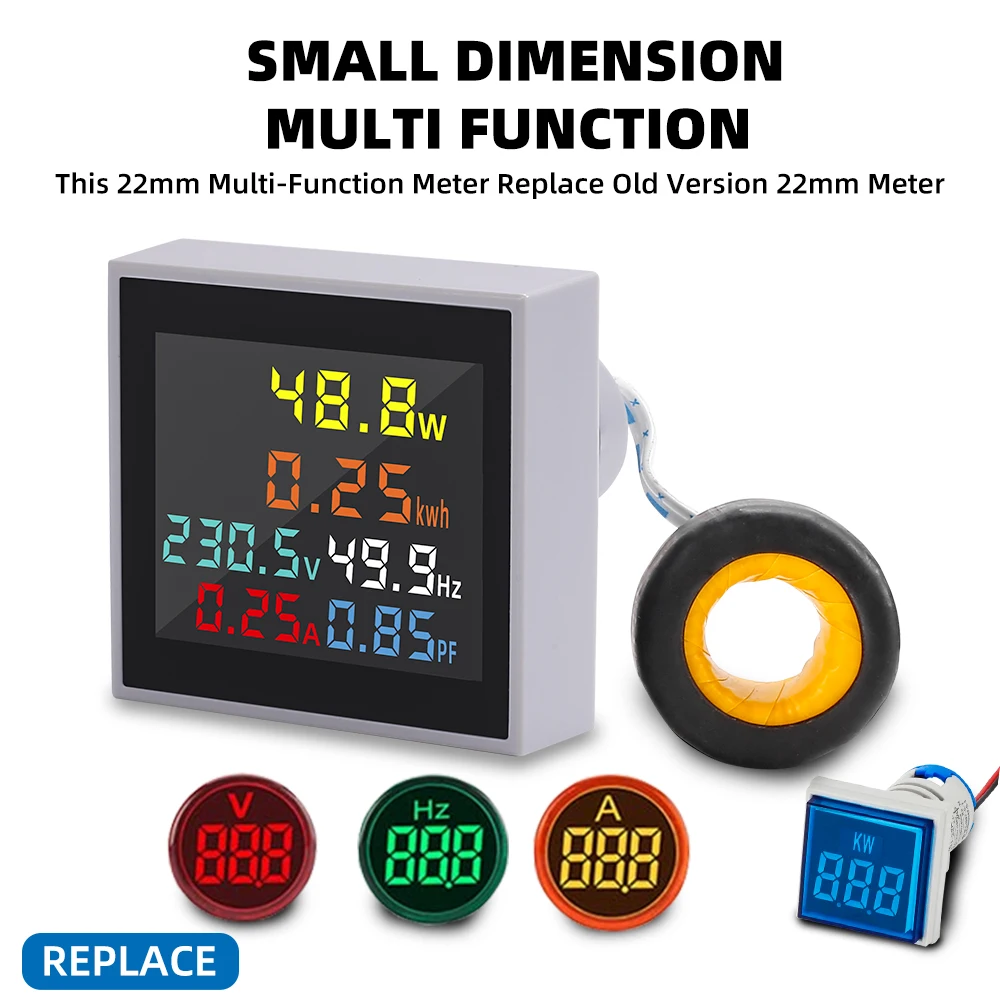 6IN1 Digital Display Voltmeter Ammeter Current Voltage Frequency Energy Meter AC monitor 100A KWH Signal Light lndicator 22MM