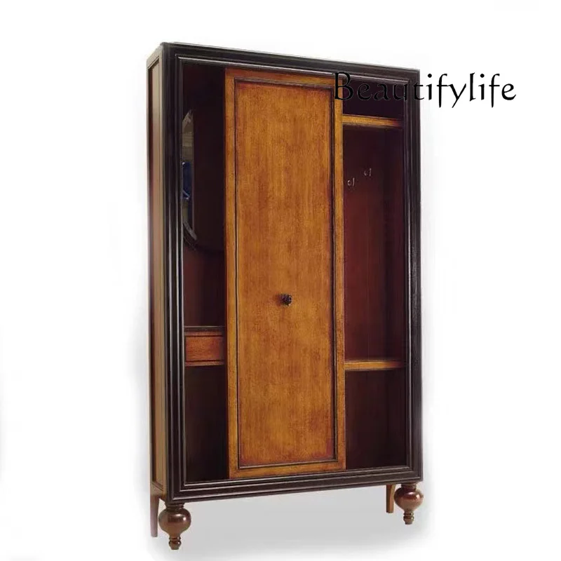 

American country home wardrobe European solid wood bedroom coat cabinet casement sliding door cabinet retro carved locker