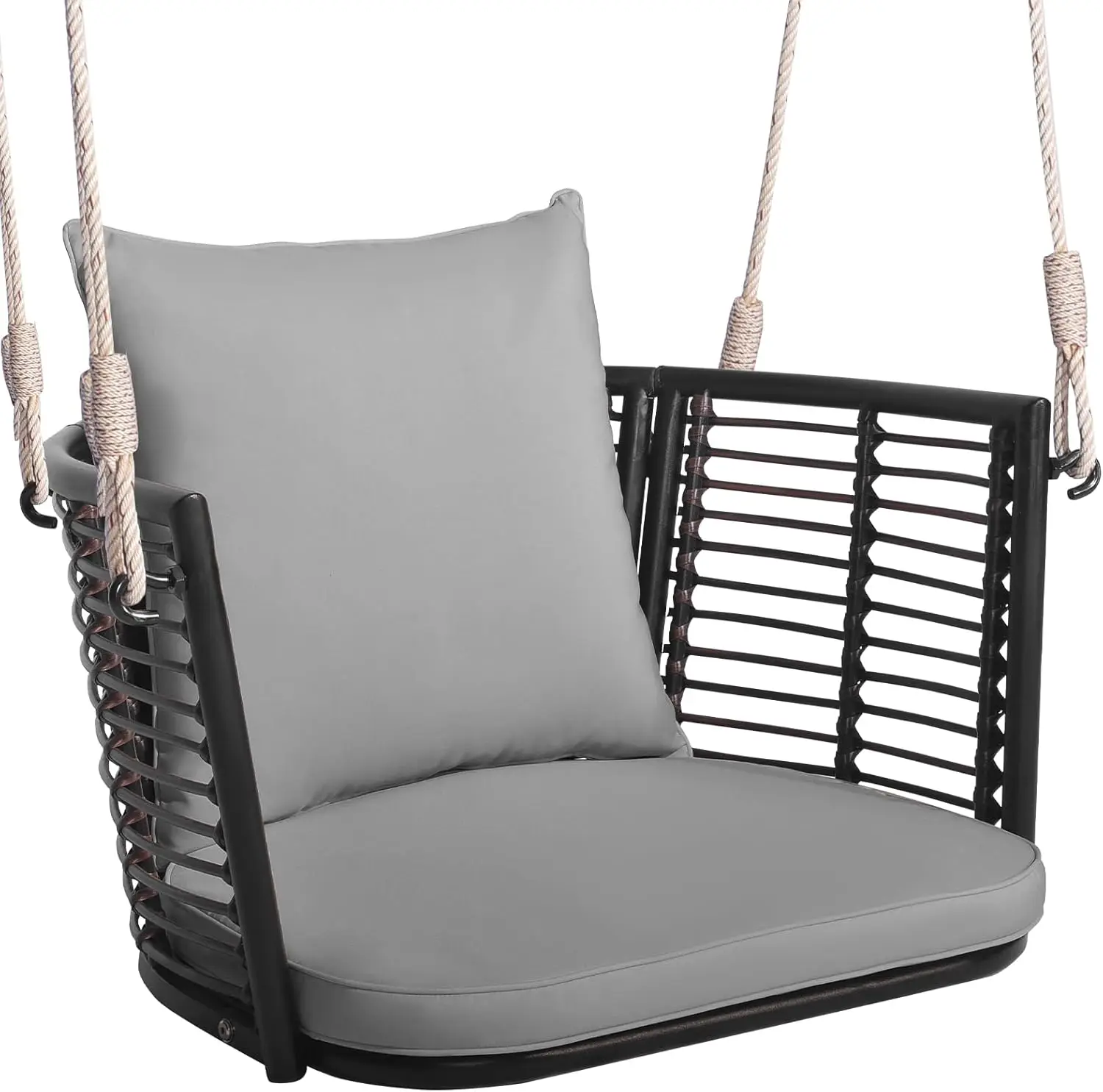 Rattan Backrest, 2 Sturdy Hanging Ropes, Seat & Back Cushions Included, Heavy-Duty Swing Chair for Front Porch, Backyard (Grey)