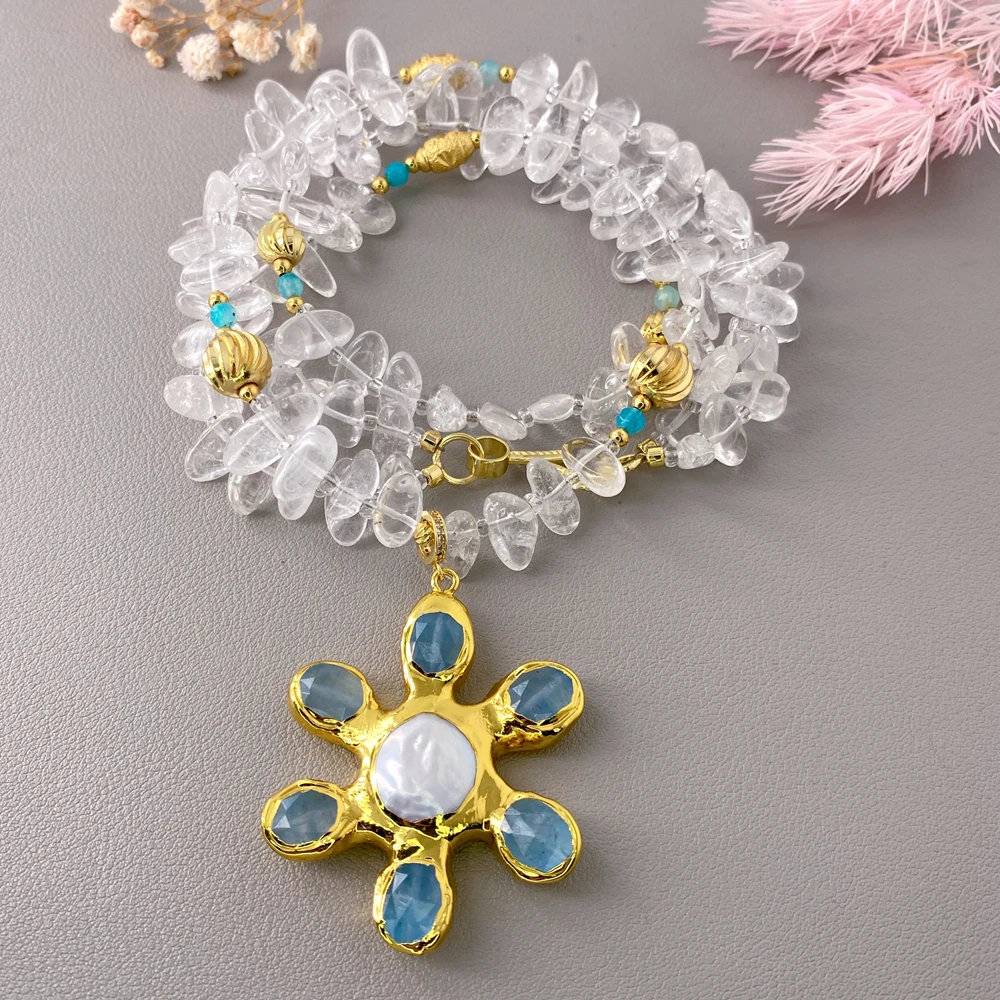 

Y·YING 2 Rows Clear Quartz Necklace White Coin Pearl Blue Jade Flower Pendant Trendy Style Special Natural Stone For Party