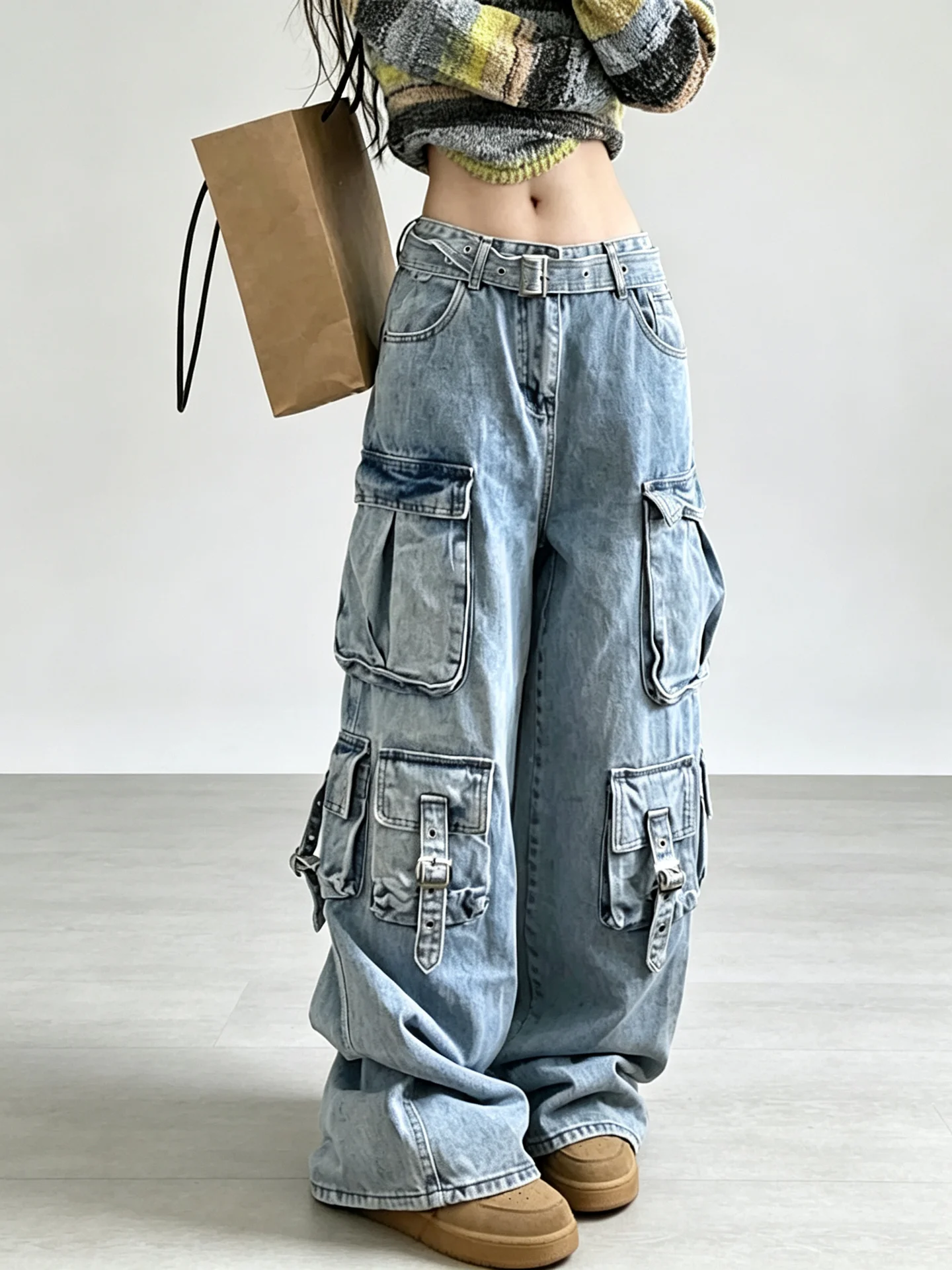 High Waist Wide Leg Denim Jeans Women's Loose Fitting Neutral Drop Crotch Long Trousers Multiple Pockets Street Vibe Design