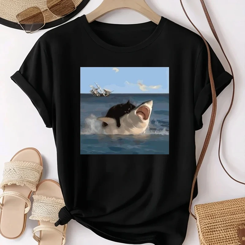 Fashion Cat Bites Shark Fun Art and Cat Lovers Fun Cat and Shark Print Tops Shirts Plain Tops Hip Hop T-shirts Women Clothing