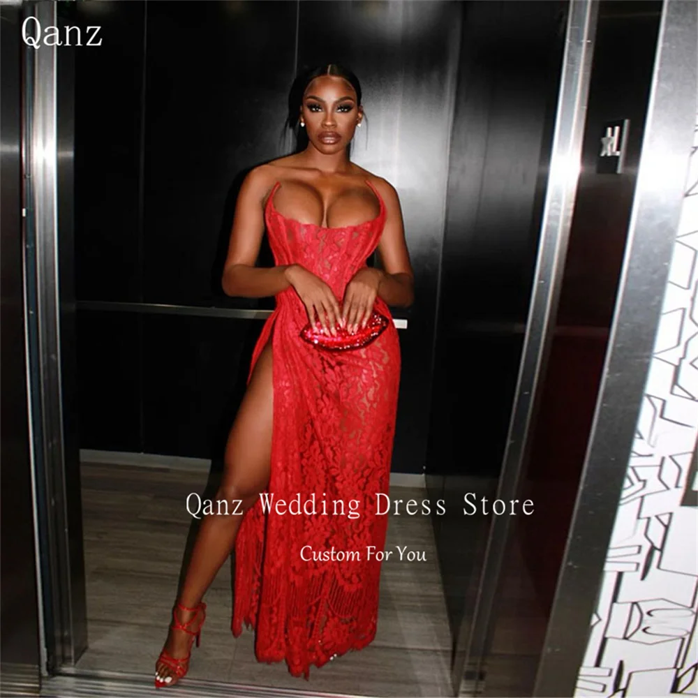 Qanz Sexy Red Prom Dress Luxury Black Girls Full Lace High Leg Slit Mermaid Wedding Party Dress Customized Robes De Soirée