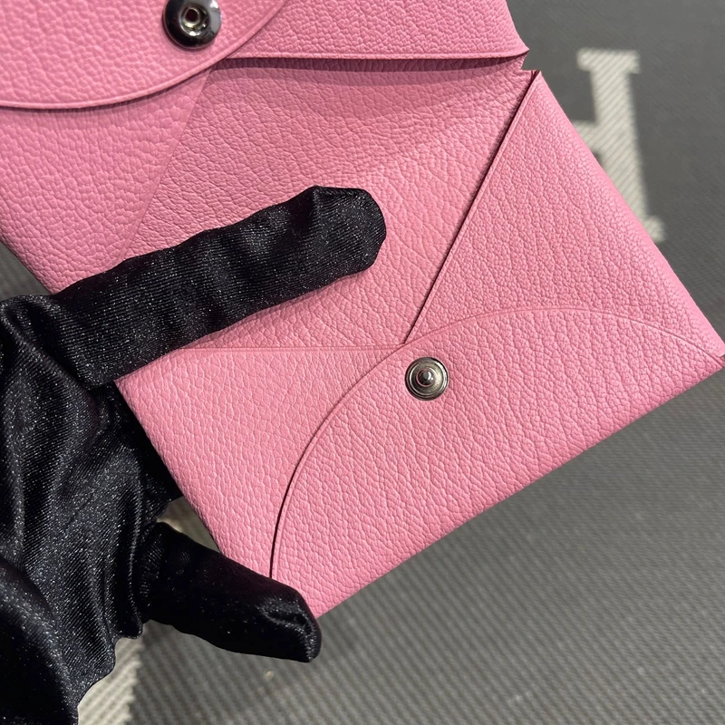 Sakura Pink Genuine Lambskin Key Coin Document Wallet Button Closure Pouch Leather Wallet Compact Size for Men And Women