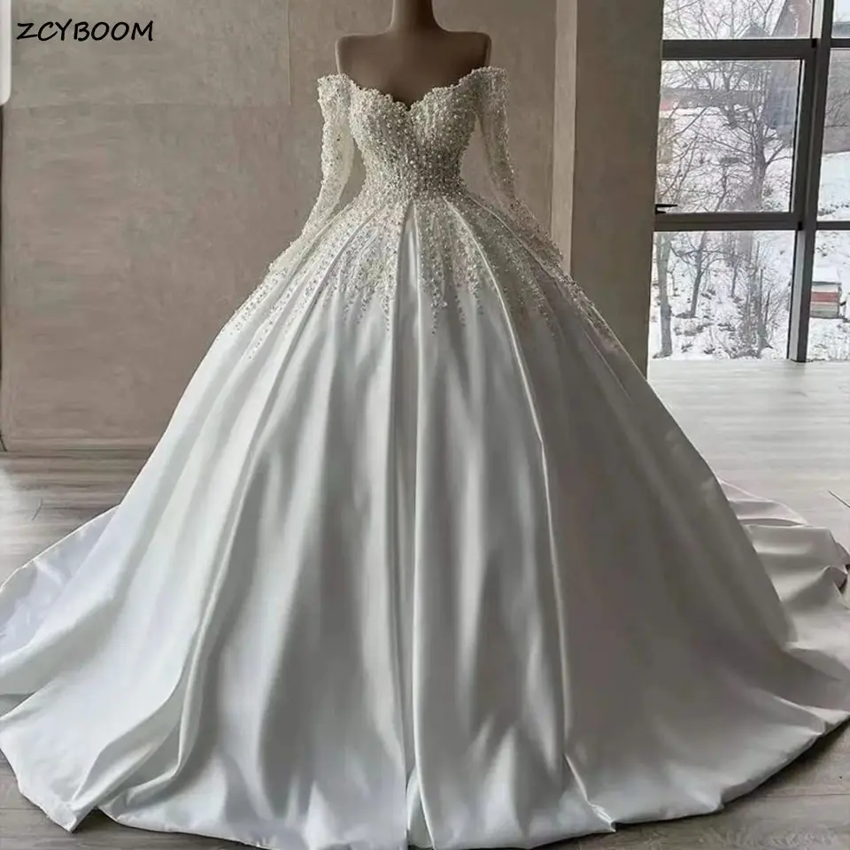 

Luxury Off Shoulder Pearls Beading Wedding Dresses 2023 Princess Sweetheart Ball Gown Long Sleeves Bride Gowns Vestidos De Novia