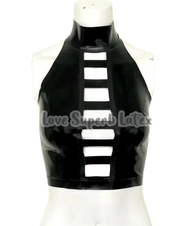 

Woman Hollow Out Front Latex Top High Neck Halter Crop Top Latex Backless Vest Halloween Party