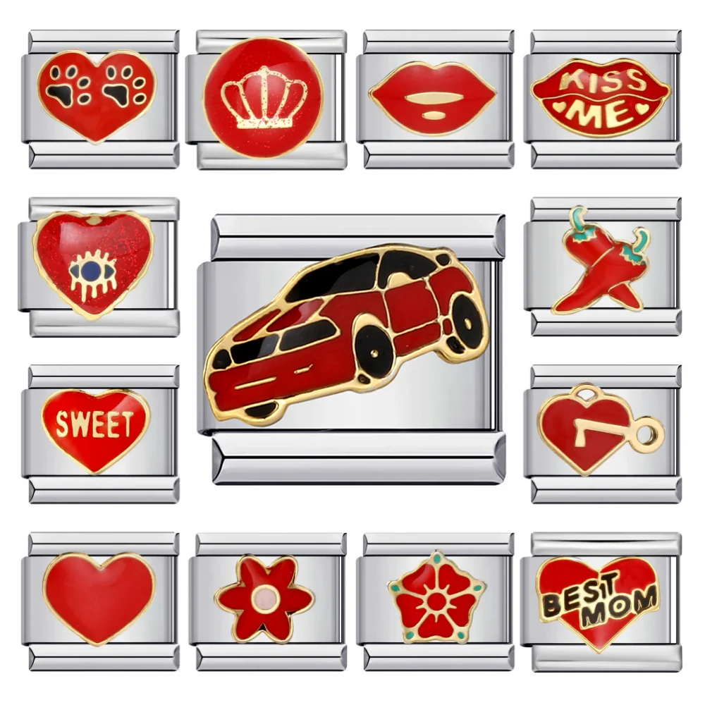 URING Romantic Red Style Car Heart Flower Kiss Me Stainless Steel Italian Charms Link Fit 9mm Hand Chain DIY Making Jewelry Gift