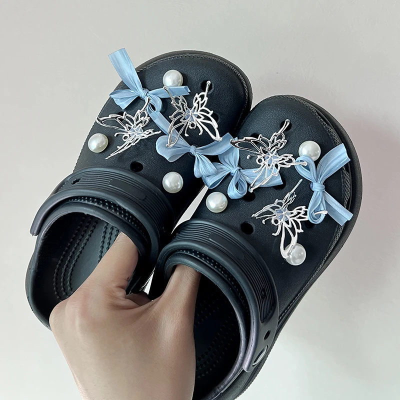 New Jibbitz Ballet Ribbon Hole Shoe Accessory Silver Butterfly Shoe Buckle Perfect For Beach Shoes & Personalizing Accessories