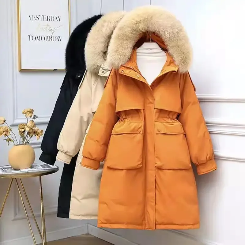 Chaqueta larga de Invierno para mujer, ropa con capucha de estilo coreano, forro de piel, abrigo Parka cálido, nuevo, JU1482