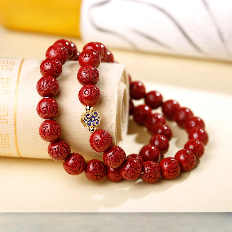 

Natural Purple Gold Cinnabar Bracelet Six Words Mantra Pure Silver Bracelet Female Birth Year Meditation Prayer Rosary Bracelet