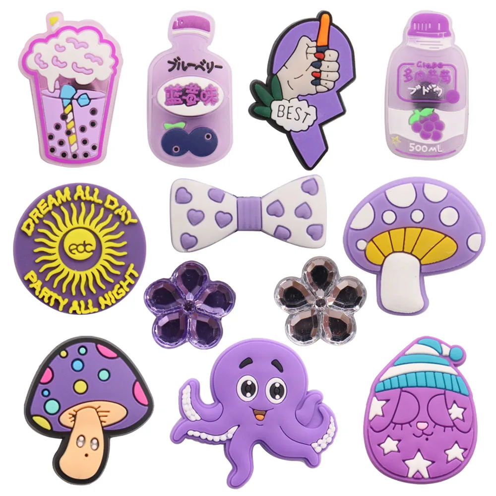 1-12Pcs PVC Mushroom Soft Drinks Shoes Charms Octopus Purple Buckle Clog Shoe Decorations Fit Birthday Present