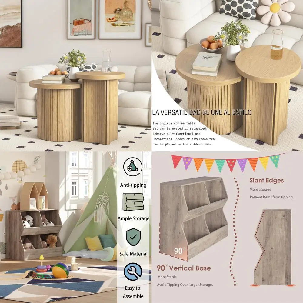 Farmhouse Style Round Wood Coffee Table Set for Living Room, Including 2 Nesting Tables and a Small Sofa Side Table