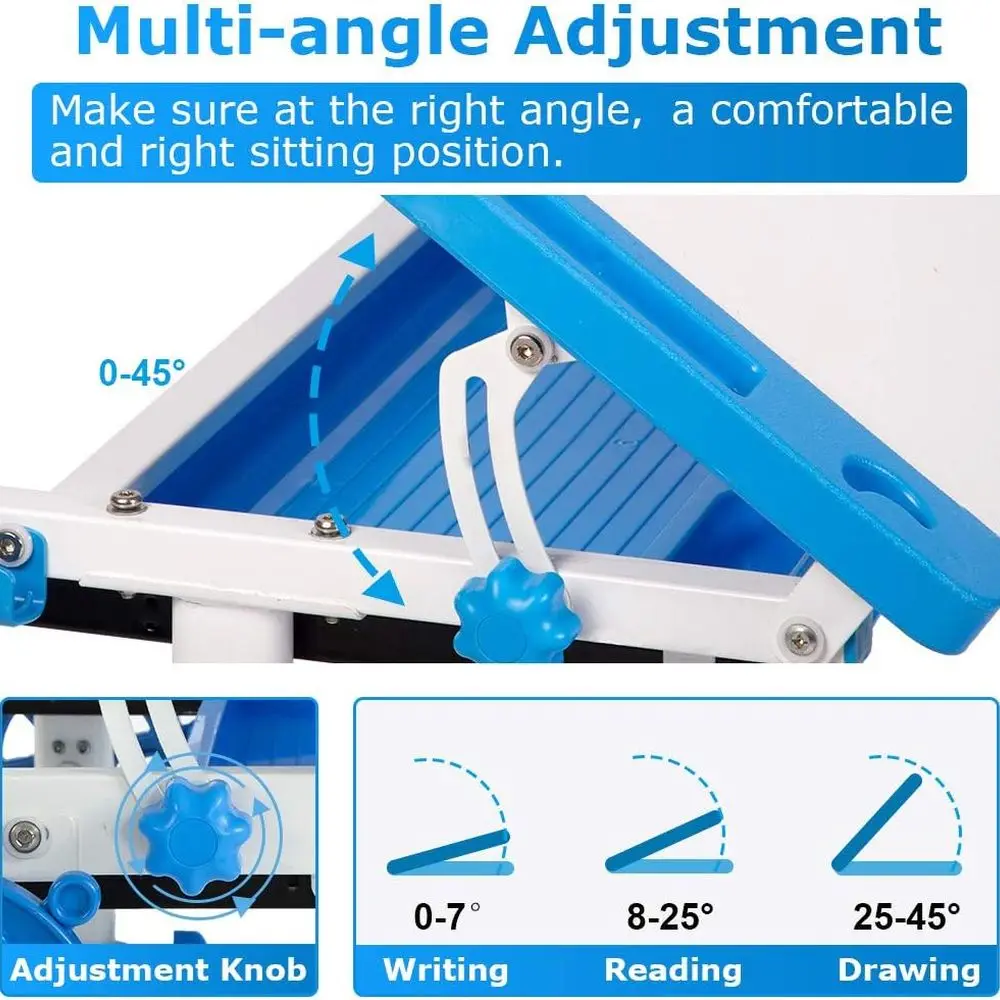 Adjustable Height Kids Study Desk with Storage and Tilted Art Table, Blue