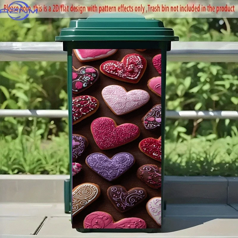 PC 2D Flat Self-Adhesive Trash Can Sticker, Sweet Feast of Heart-Shaped Cookies Decorative Decal, Creative Trash Can Decoratio