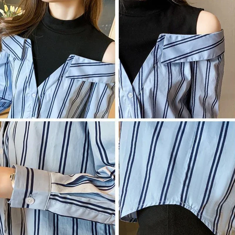 Fake Two Pieces Chiffon Silk Blouse for Women Off Shoulder Top Cool Blue Stripe Cotton Satin Shirt Woman Particular Trends Youth