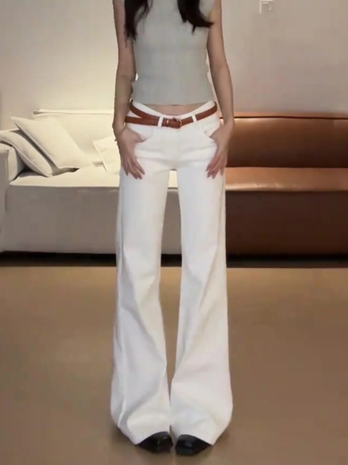 

Весенние белые широкие женские джинсы с низкой талией и высокой талией, свободные брюки длиной до пола, корейские брюки для поездок на работу и ветер