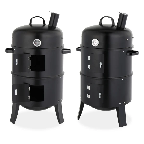 Outdoor BBQ Smoker with Chimney, Black Cylindrical Barbecue Smoking Oven, Powder Coated Iron Meat Fish Smoker for Backyard Garden Patio Outdoor Cooking, 43 X 52 X 85 cm
