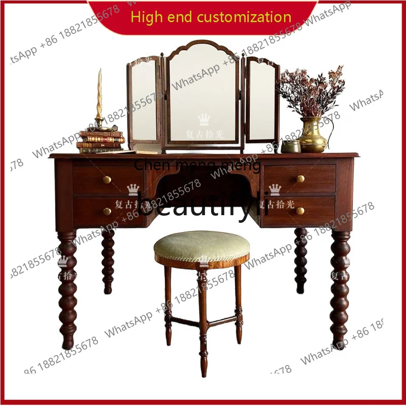 

A32 Solid Wood Dressing Table American Retro Makeup Table Home Bedroom Dressing Table with Mirror