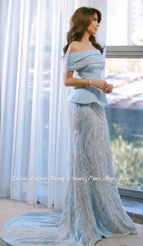 Vestido de noche azul cielo, vestido con hombros descubiertos de Oriente Medio, vestido de fiesta para ocasiones formales, falda con apliques de cuentas de cristal personalizada