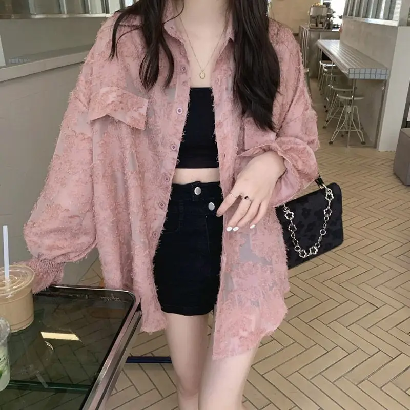 Korean Polo Neck Puff Sleeve Loose Casual Shirt Summer Loose Thin Long Sleeve Protection Shirt Fashion Elegant Women Clothing