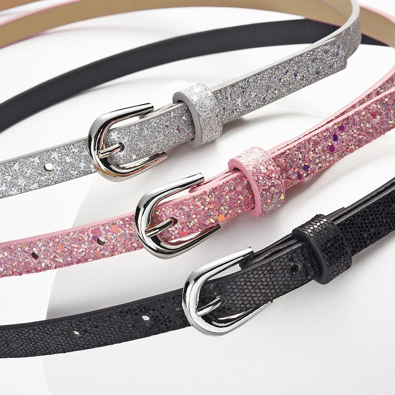 Fashion Shiny Glitter Ladies Waist Belt Square Pin Buckle Jeans Belts For Women Pu Waistbands Pink Silver Jeans Decorative Belt