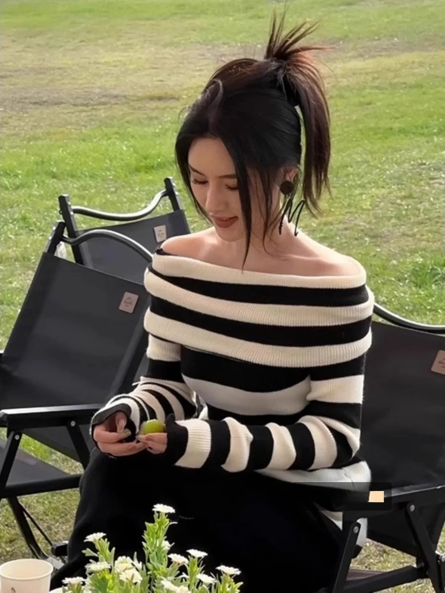 

Женский вязаный свитер с длинным рукавом на одно плечо, в полоску, для зимы, мягкий, уютный, для повседневной носки, для прогулок, для работы