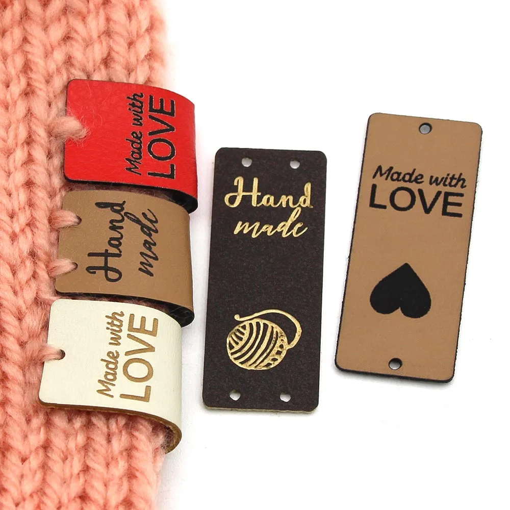 20Pcs Made With Love PU Leather Labels Handmade Tags For Clothes Hand Made Sewing Knitting Label Gift/Bag Decoration 5x2CM