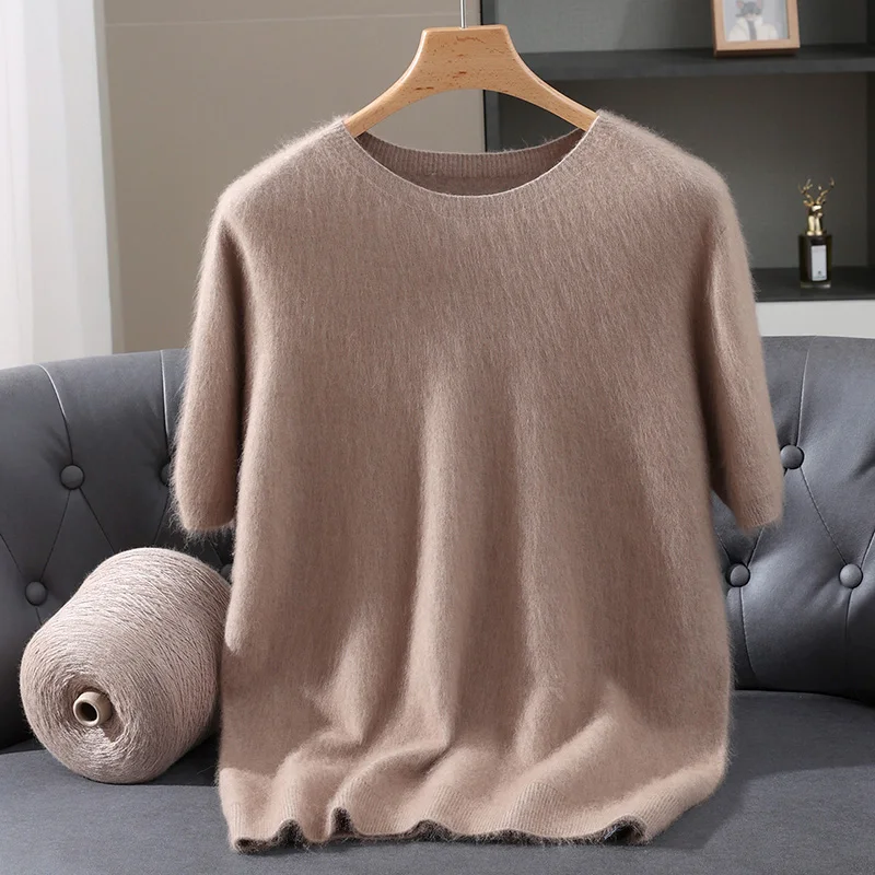 Men's Mink Cashmere Knit Sweater T-Shirt Loose Round Neck Half Sleeved Simple Solid Casual Business Base Short Sleeve Pullover