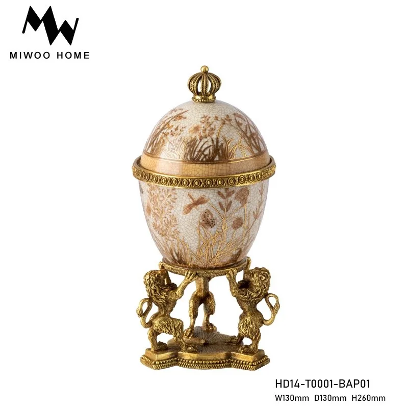 Copper with ceramic three lions auspicious decorative tank household tea room tea can retro moisture-proof storage tank jewelry