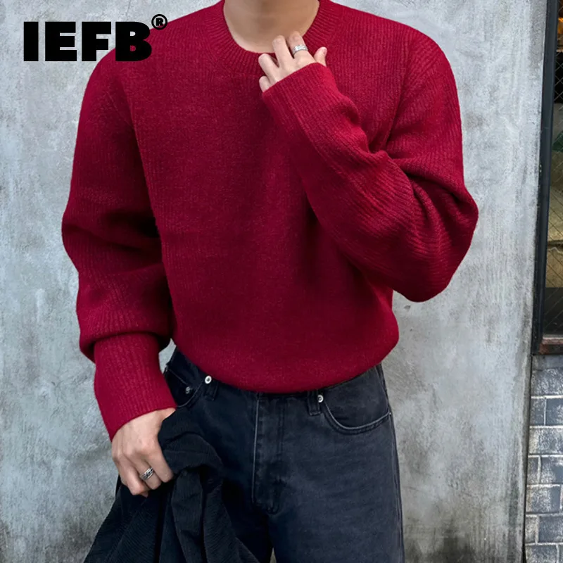 IEFB Korean Simple Round Neck Pullover Sweater For Men Autumn Winter Loose Warm Knitwear Chic Vintage Red Kintting Top 9X1879