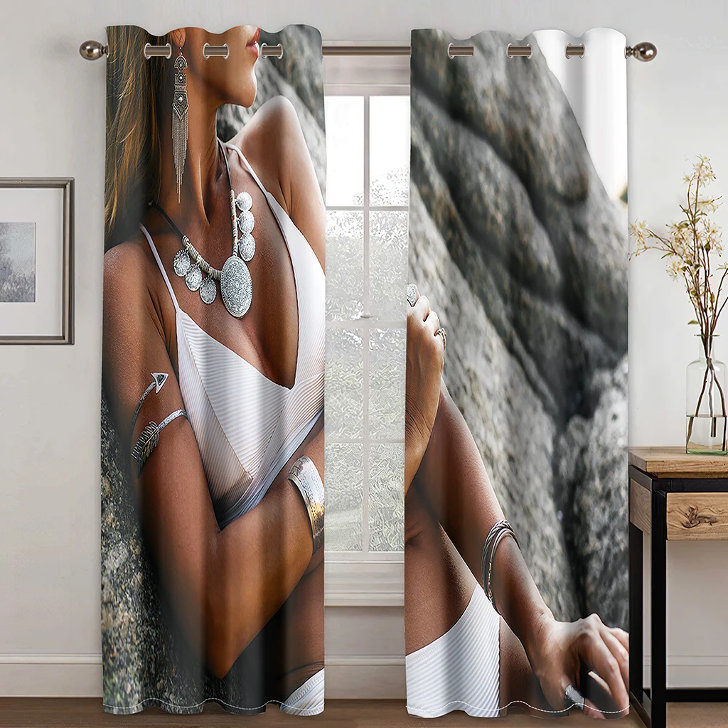 

Cheap 3D Print Girl Sexy Beauty Bikini Beach Scenery 2 Pieces Thin Shading Window Curtains for Living Room Bedroom Decor