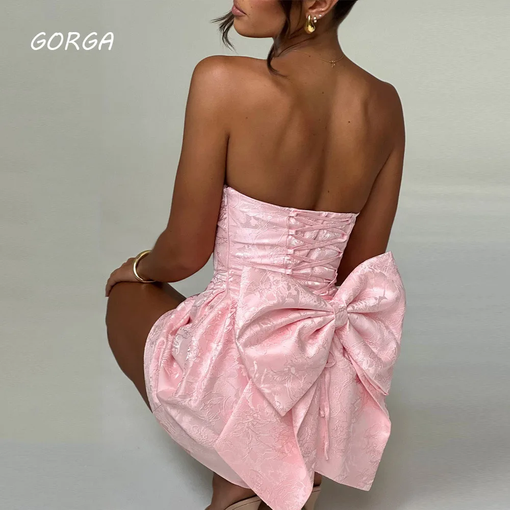 GORGA Pink Strapless Mini Mermaid 2024 Slim Satin Backless Bow Ocassion Gown Knee-Length Formal Evening Dress Party Dress