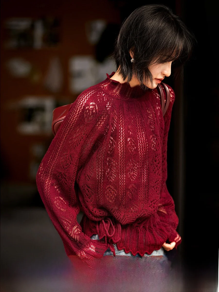 

Artistic Poem Camere Knitted Top Hollow out Woolen Crt Tee Colors Women's Long Sve round Ne Pullover Autumn New