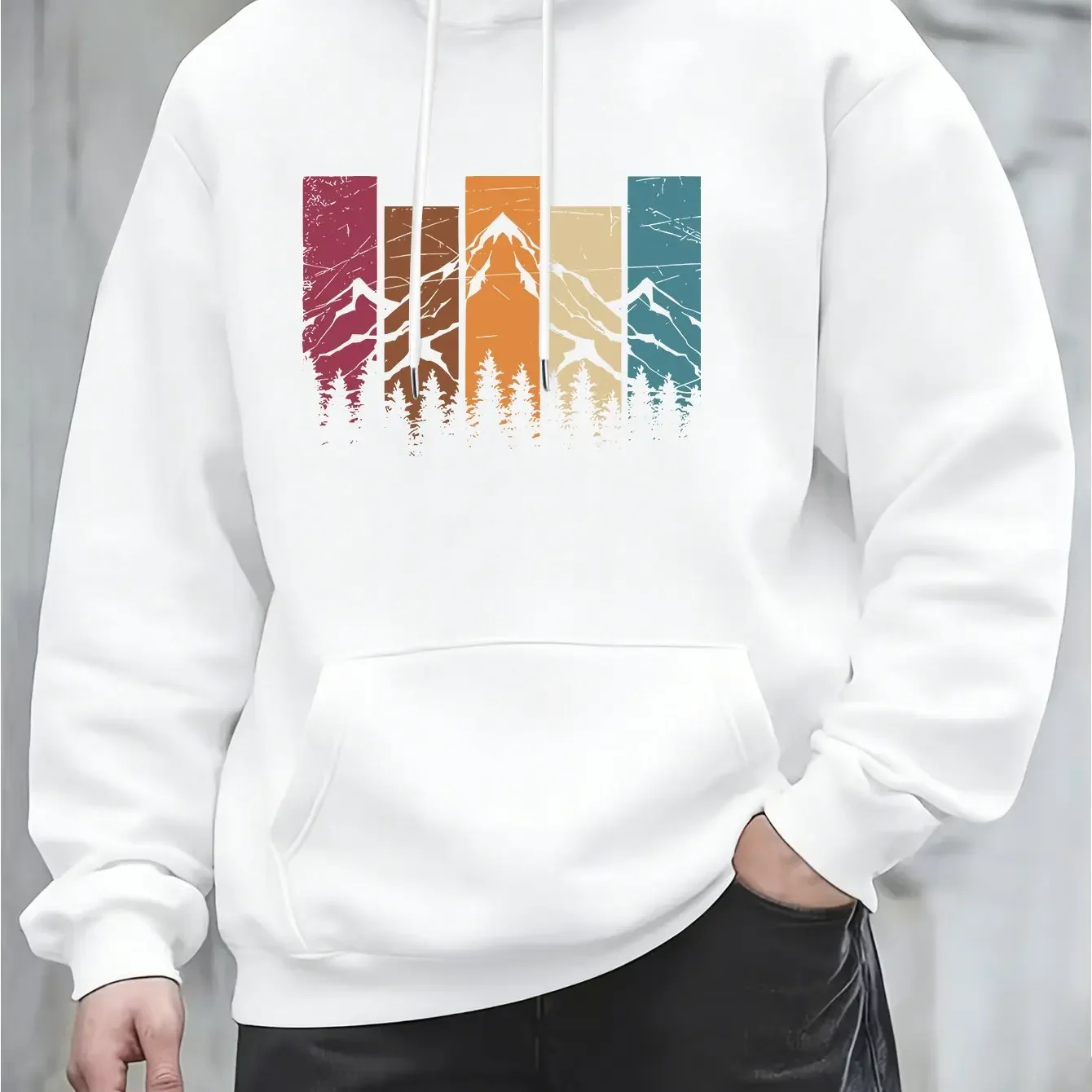 Autumn and winter men's hooded sweatshirt, retro contrasting color mountain forest print hip-hop casual style, unisex clothing