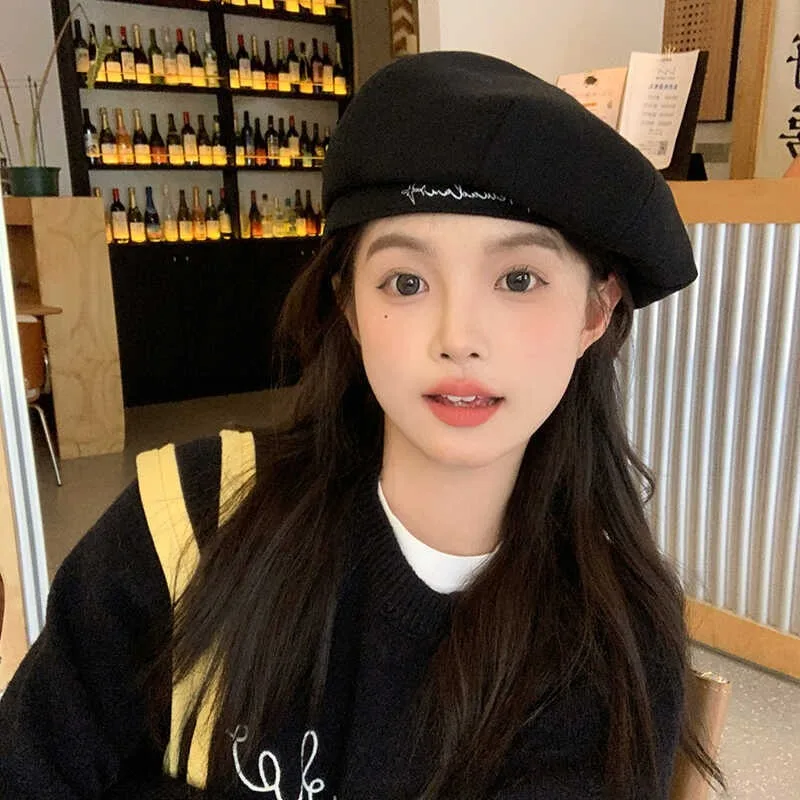 قبعة بيريه للخريف والشتاء للنساء، قبعة مثمنة للوجه، قبعة فنان أدبية بريطانية عتيقة، إكسسوار أزياء أكاديميا داكنة