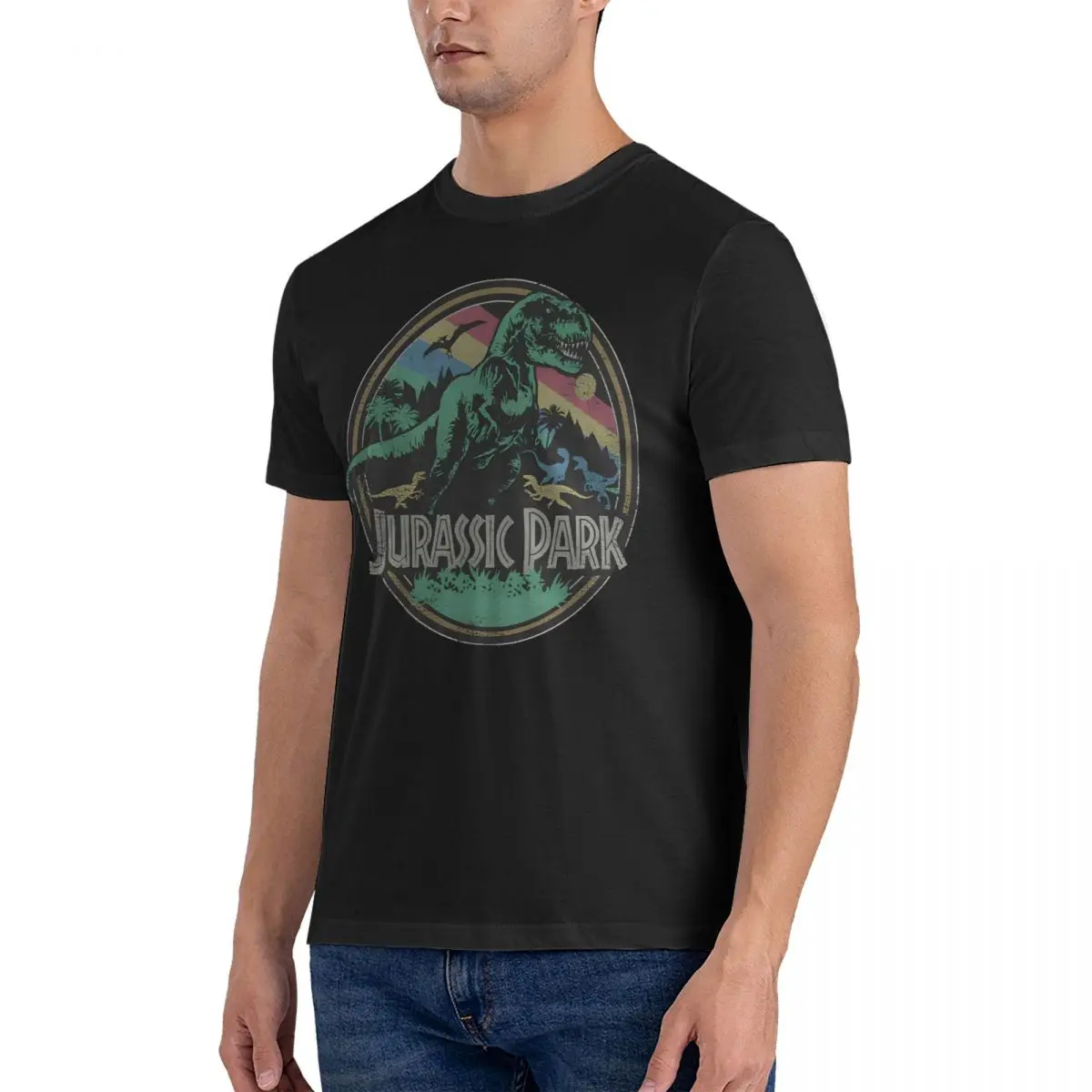 Rainbow Vintage T-Rex Tropical Print Men T Shirts Jurassic Park Cool T Sleeve Round Neck T-Shirt Pure Cotton Graphic Clothes