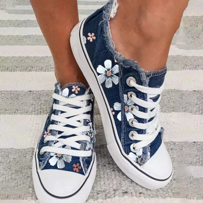 Canvas Shoes Women 2024 Trend Denim Casual Flats Plus Size Lightweight Sneakers Breathable Lace Up Single Shoe Кроссовки Женские