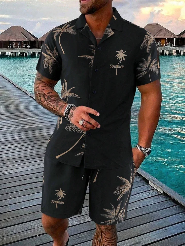 

Funny 3D Coconut Tree Print Men's Shirts Sets Fashion Lapel Short Sleeve Tops + Shorts 2 Piece Outfit Summer Casual Beach Suit