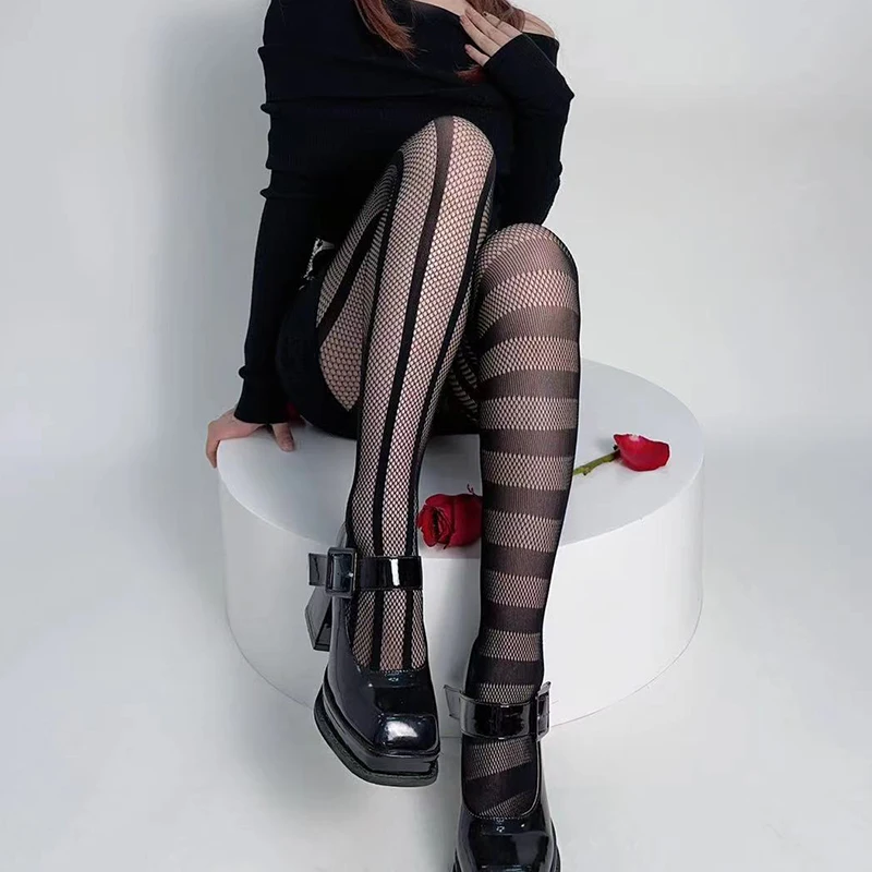 Asymmetric Stripe Tights Women's Pantyhose High Elasticity Lace Hollow Fishnet Sexy Stockings Classic Ladies Gothic Pantyhose