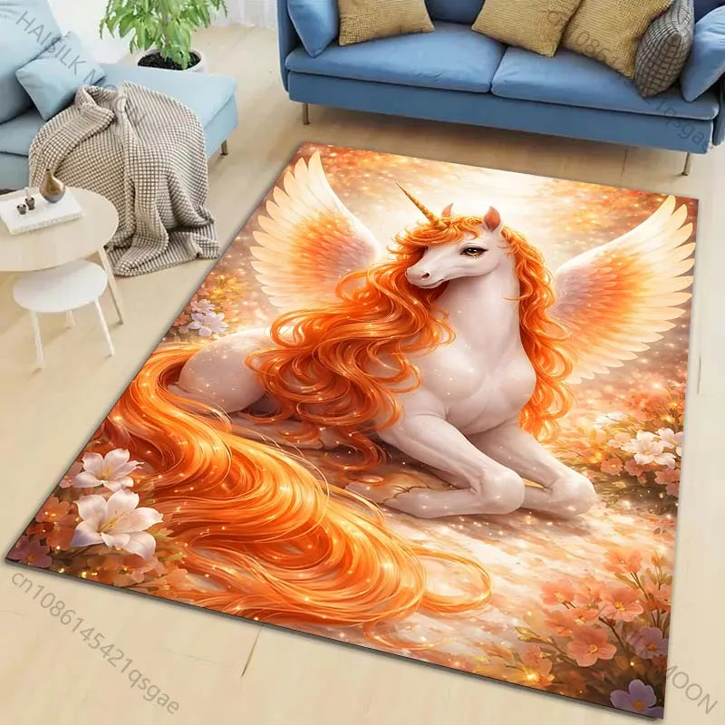 1PC Orange Winged Unicorn Carpet for Living Room Bedroom Sofa Home Decor Rus Non-slip Floor Mat Luxury Gift Multiple Sizes