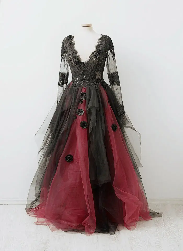 ANGELSBRIDEP Black and Red Gothic Wedding Dresses Victoria Long Sleeves Lace Ruffles Bridal Gown Vestidos De Novia Customized